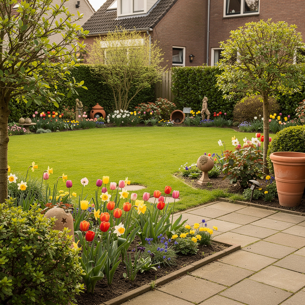 Warme onderhoudsgerichte hoveniersrichting met volwassen tuin