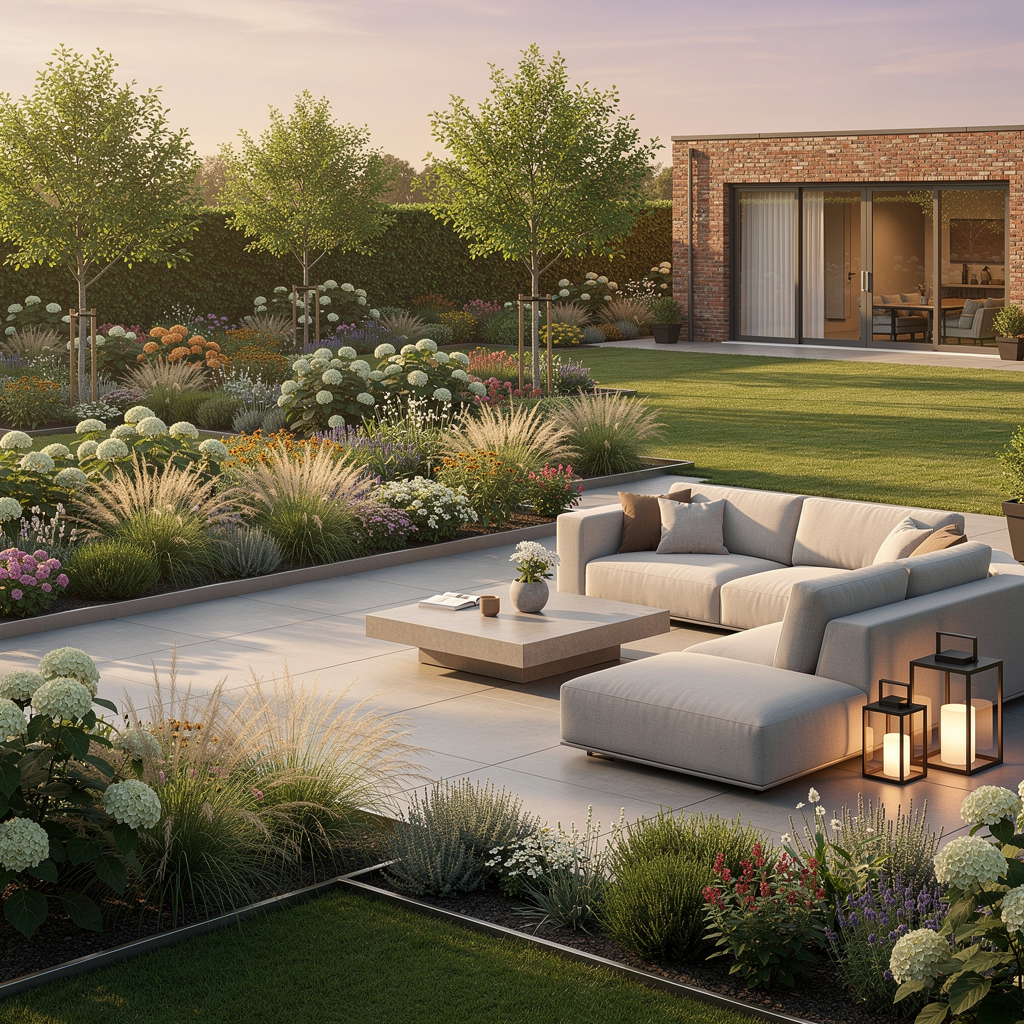 Premium gezinstuin met loungehoek en volwassen beplanting